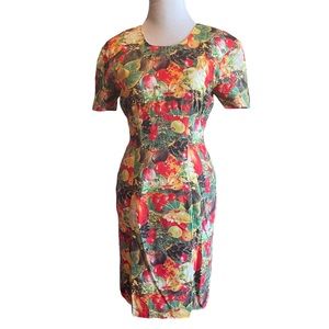 80’s Vintage Fruit Pattern Empire Waist Sheath Dress Hand Sewn Tropical Fruits